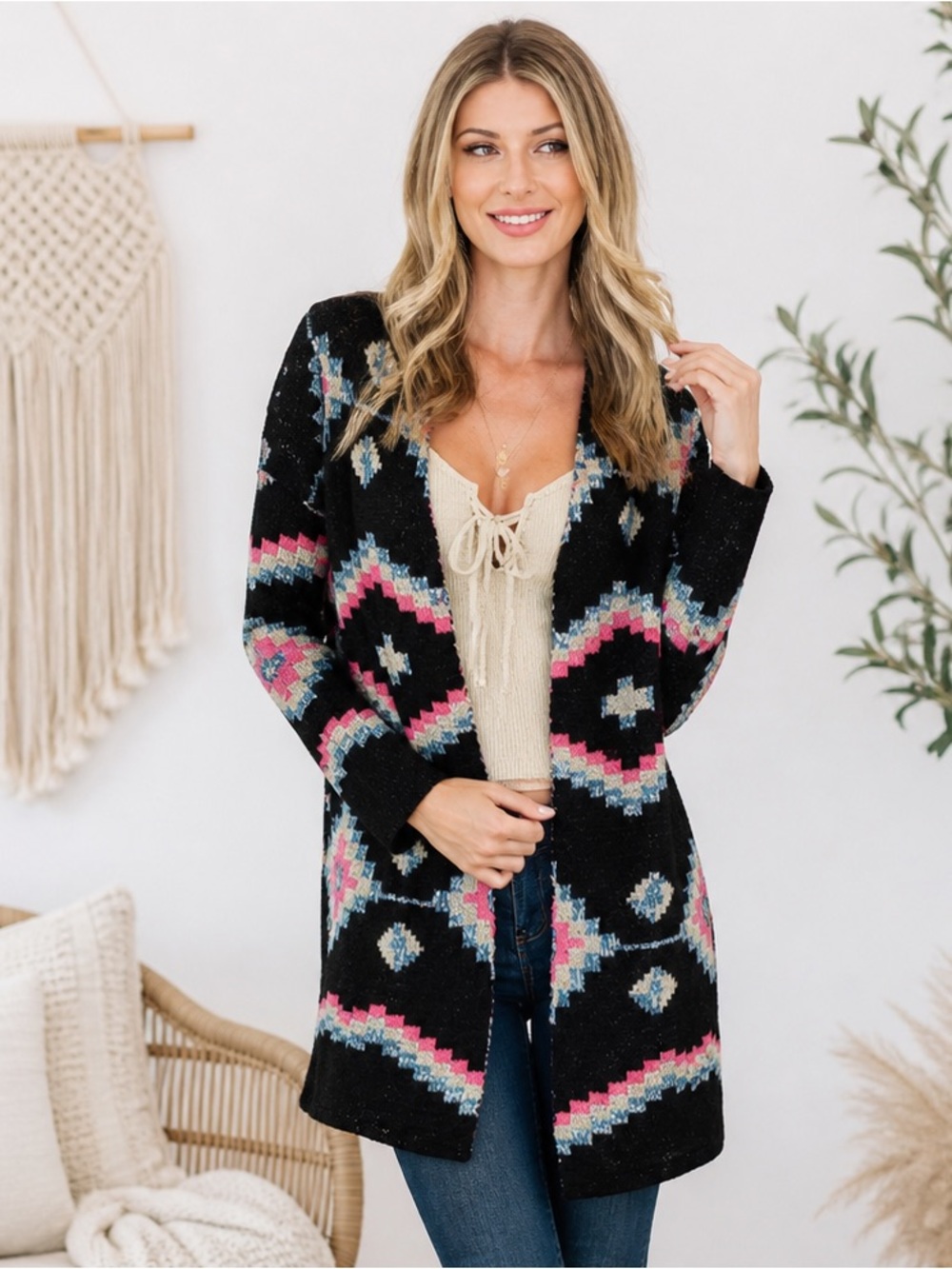 Aztec Boho Lurex Cardigan Black Open Front Long Tribal Sweater NWT S M